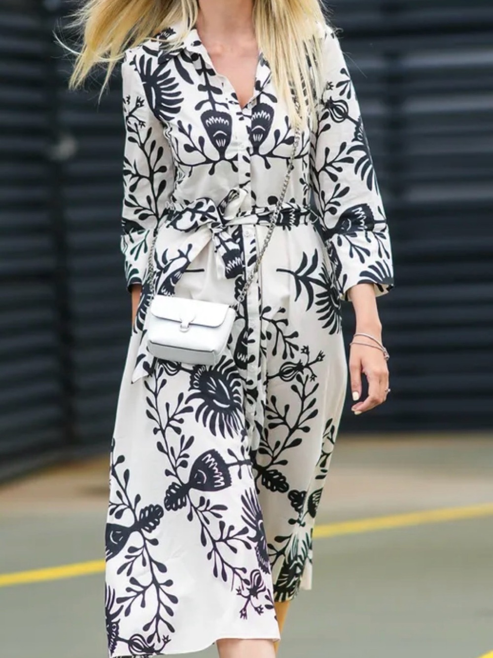 Black & White Floral Midi Shirt Dress with Tie Waist